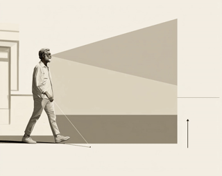 Diagram comparing coverage areas. A shaded cone extends from the glasses on a walking person's face, covering the space from the upper body to above the head and forward along the path. A separate grey band near the floor marks the white cane's coverage, from ground level to knee height. A dashed outline highlights the region between knee height and above the head as the area the cane cannot cover.