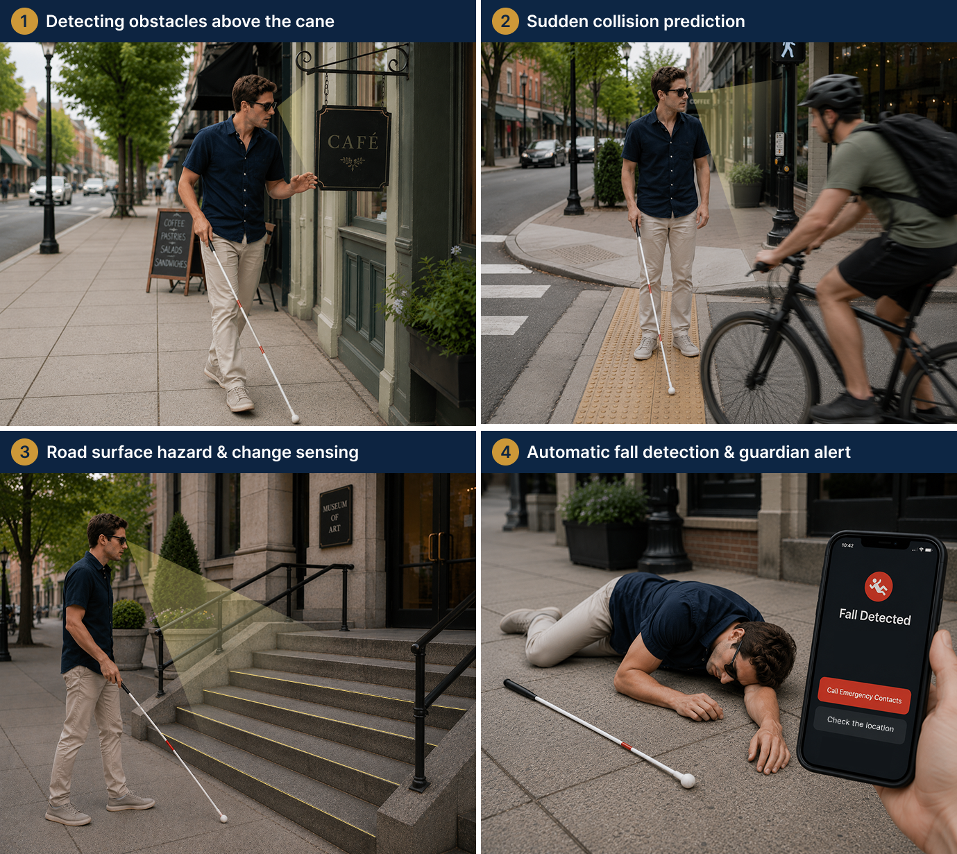Four photographs in sequence. First, a person wearing Viora looks toward a café sign hanging at head height, with a beam indicating detection. Second, the person stands on a tactile paving strip as a bicycle enters from the side. Third, the person approaches a flight of stairs with the beam sweeping the steps. Fourth, the person lies on the ground after a fall while a nearby phone screen displays a fall-detected alert with an emergency contacts button.