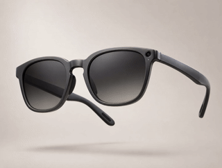 Product overview sheet showing the blind-user model with tinted lenses and the low-vision model with clear prescription-ready lenses, alongside photographs of each being worn in everyday settings, and a close-up of the camera housing on the temple.